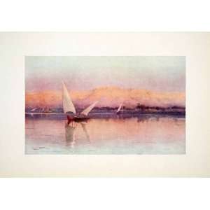  1906 Color Print Sailboat River Nile Bank Egypt Cairo 