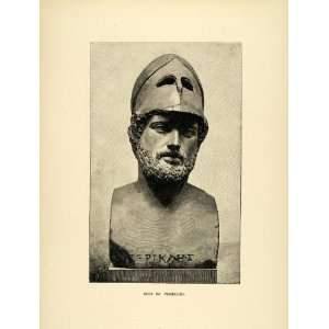  1890 Wood Engraving Pericles Helmet Bust Athens Greece 