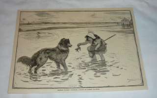 1883 engraving ~ LITTLE GIRL AT SEASHORE with dog+crab  