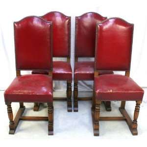  Vintage French Renaissance Carved Oak Set 4 Red Chairs 