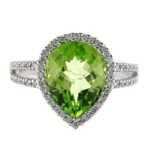  Pear Shaped Peridot and Diamond Cocktail Ring 14k White 