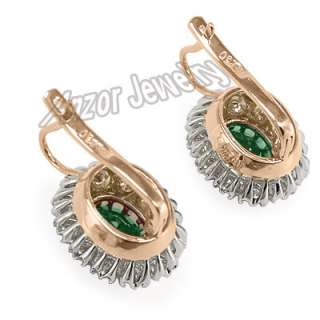 Russian Jewelry Genuine Emerald & Diamond Earrings 14k Solid Two Tone 