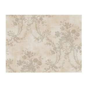   Victorian Floral Damask Prepasted Wallpaper, Light Beige/Metallic Gray