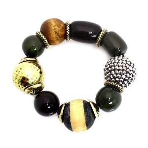 Multi Bead Stretch Bracelet; Burnished Gold Metal; Black, Brown Wooden 