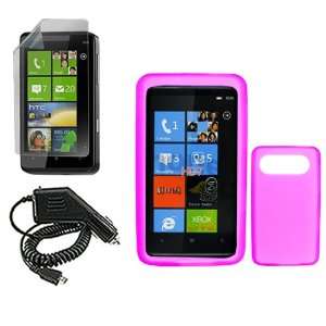   Pink Silicon Skin Case Faceplate Cover + Rapid Car Charger for HTC HD7