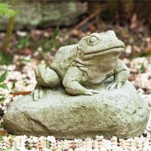  International Frog On Rock Cast Stone Garden Statue, Aged Limestone 