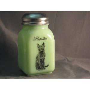  Green Milk Glass Paprika Spice Shaker with Caz the Cat 