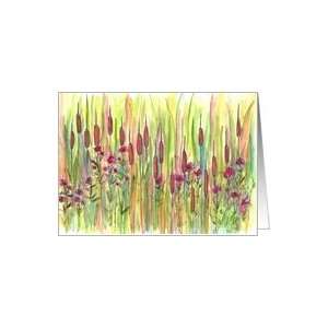  Cattails Pink Wildflowers Summer Marsh Meadow Note Card 