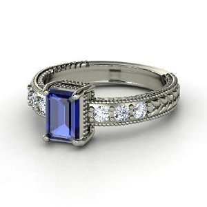  Ring, Emerald Cut Sapphire 18K White Gold Ring with Diamond Jewelry