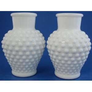  2 Chunky Milk Glass Hobnail Vases