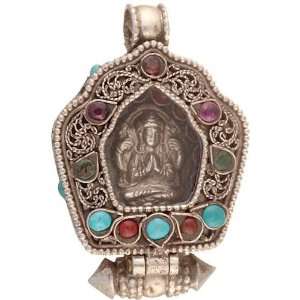 Chenrezig Gau Box Pendant with Filigree, Coral, Turquoise, Emerald and 