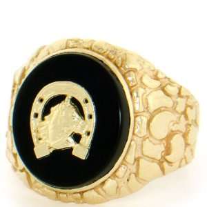    10K Solid Gold Nugget Oval Onyx Horseshoe Mens Ring Jewelry