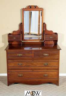 Antique English Walnut 6 Drawer Vanity Chest Dresser w/ Mirror