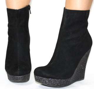 6739 NEW WOMENS LADIES BLACK GLITTER WEDGE HEEL ANKLE BOOTS SIZE 3   8 