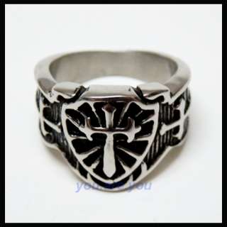   Shield Cross Face Mens Stainless Steel Ring Size 8  13 Gift Box  