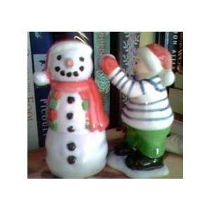Christmas Village 2002 Snowman and Boy Salt and Pepper Shakers
