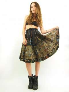   Blk HAND PAINTED Mexican METALLIC Floral Full Circle Skirt S/M  