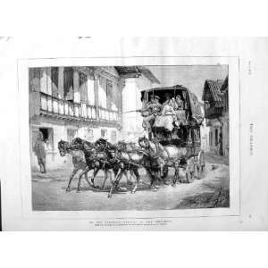   1875 PYRENEES ARRIVAL HORSES CARRIAGE DILIGENCE PRINT