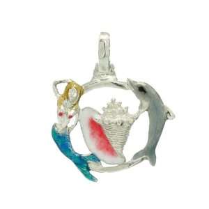 Mermaid & Dolphin Conch Republic Sterling Silver Pendant 