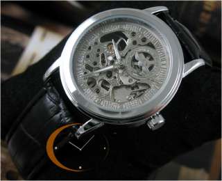 Classic Mens Mechanical Watch Silver Skeleton Dial Black Leather 