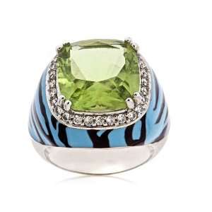   Silver Black and Blue Enamel Simulated Peridot Ring, Size 7 Jewelry