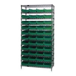  12x36x74 Chrome Wire Shelving With 44 4H Shelf Bins Green 