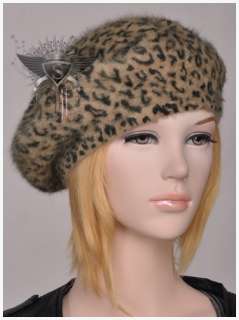   Punk Fashion Leopard Rabbit Fur Beret Hat Cap Comfortable Lady Pretty