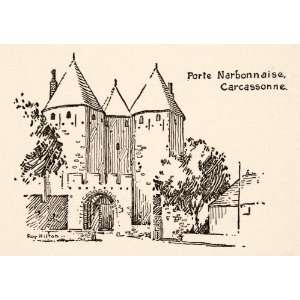  Engraving Porte Narbonnaise Carcassonne France Roy L. Hilton Castle 