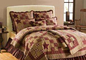 COUNTRY PRIMITIVE STAR PATCH RUSTIC BURGUNDY TAN 5 PIECE KING QUILT 