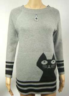 D124 Womens Cute Cat Print Crew Neck Grey Jumper UK8 10  