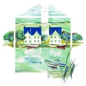  Two Blue Roofs And Boats    Print