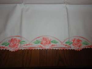   EMBROIDERED Cotton PILLOWCASE SET Rose Design w/ CROCHET LACE  