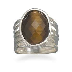   Eye Ring Polished Cut Out Band Design Oval Faceted Tigers Eye   Size 8