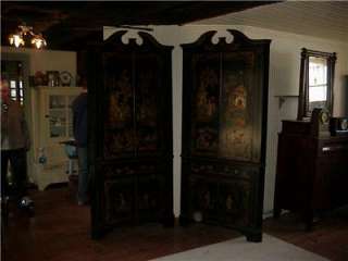VINTAGE PR. CORNER CUPBOARDS CHINOSERIE~BLK LACQUERED~GILT PAINTED 