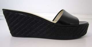 PRADA black patent w/raffia PLATFORM heels MULES/SHOES 37.5/7  