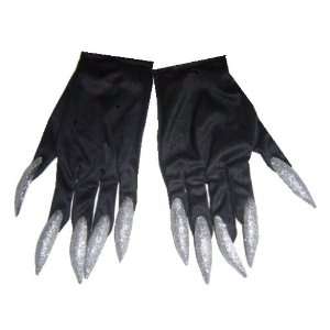  Black Gloves with Long Glittered Silver Fingernails Witch 