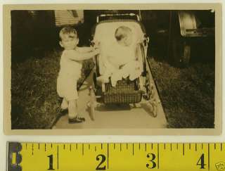 Antique 30s PHOTO Toddler BOY w/ BABY In Stroller CUTE  