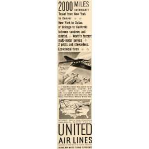   Ad United Air Lines Aircraft Airplanes Trip US Map   Original Print Ad