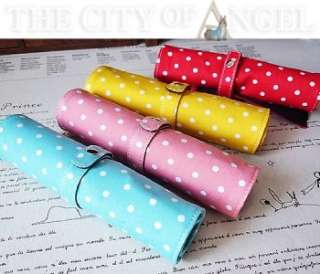   Dots Canvas Roll up Pen Pencil case Cosmetic Painting Pouch Button Up