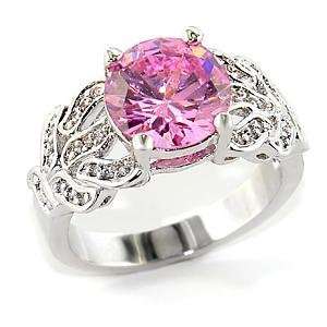 Rhodium Plated Brass Ring with Round Rose Colored CZ in a 
