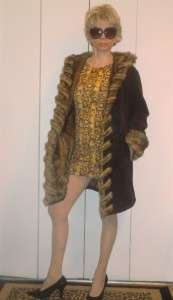   BROWN SUEDE LEATHER AND FAUX FUR DENNIS BASSO COAT with HOOD S  