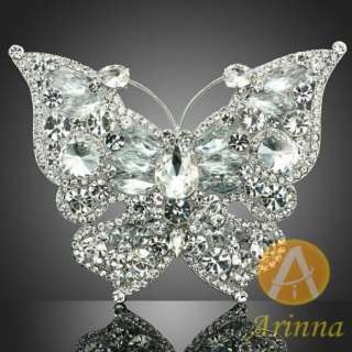 ARINNA clear butterfly pure breast brooch pin white gold GP Swarovski 