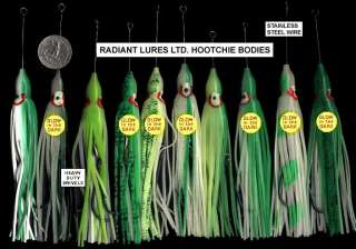 10 SALMON FISHING LURES ~Rigged GLOW IN THE DARK GREENS  