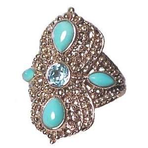   Sterling Silver Turquoise & Blue Topaz Ring   7.0 CaratGems Jewelry