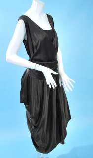 1910 MIDNIGHT BLACK SILK DRAPING SATIN HOBBLE DRESS W/WIDE SASH 