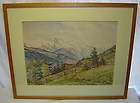 Old 1948 Original Watercolor Painting Scenic Mountains w/ Cabin Signed 