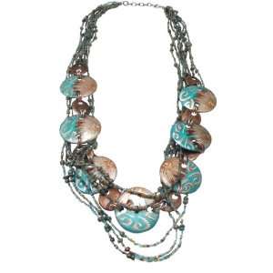   Multi Strand Ocean Blue Necklace with Hand Paint Wood Motifs Jewelry