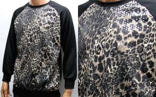 Mens Black Brown Leopard Print Shiny Plaids Long Sleeve T Shirts M 
