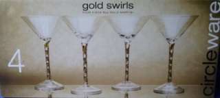 NIB Circleware MARTINI GLASSES Gold Swirls Long Stem  