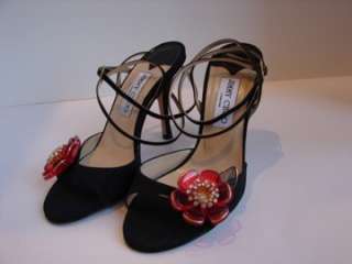 Jimmy Choo Black Satin w/Red Flower Heels/Sandals/Shoes Sz 37  